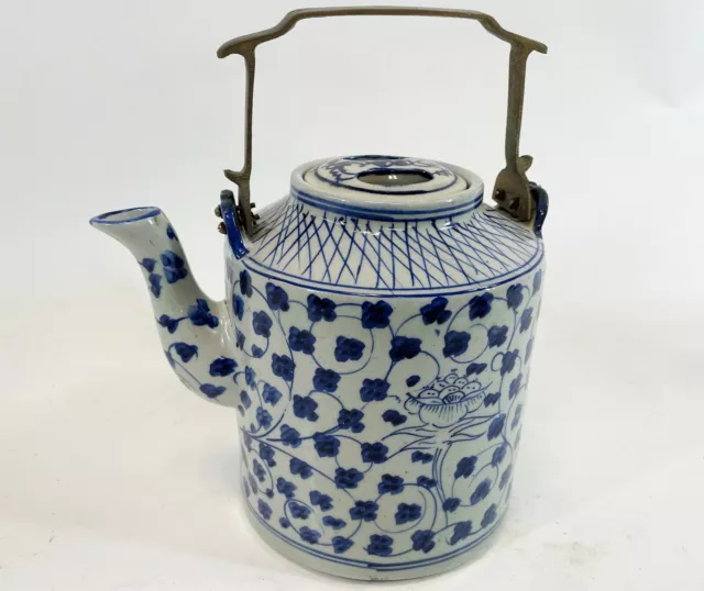 RARE China Blue & White Poppy HEAVY Pottery Brass Handle Tea Coffee Pot Teapot