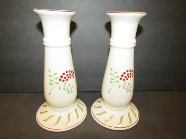 CATHERINE ALEXANDER DESIGNS Set of 2 Candlesticks RED BERRIES, GREEN LEAVES 6.5"