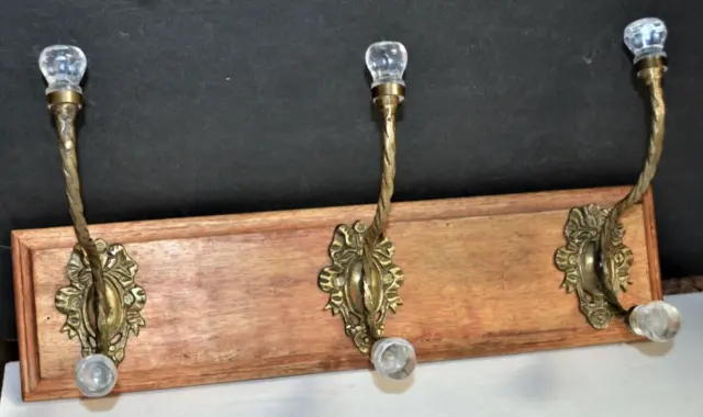 WALL Hat Rack Coat Robe Victorian Style 3 Double HOOK Brass Lucite Crystal look
