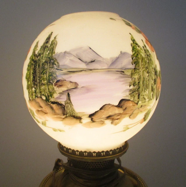 Gwtw Oil Lamp Glass Ball Shade - Mountain Lake Scene - 8" Ball 4" Fitter