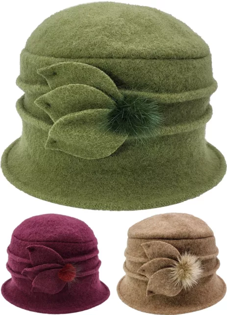 Womens Cloche Hat 100% Wool Retro Vintage Look Cap Beige, Burgundy, or Green
