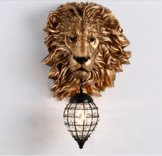 Resin Lion Head Animal Wall Decor Scones Hanging Light Lantern Vintage Bar Cafe