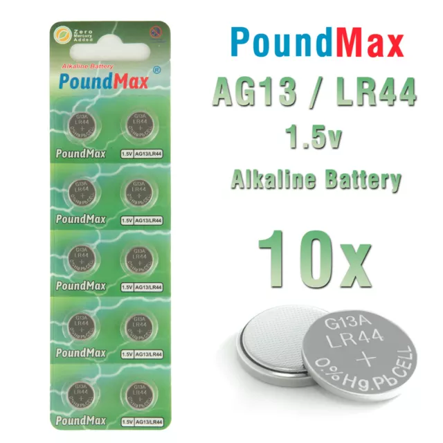 10 X PoundMax AG13 LR44 SR44 L1154 A76 1.5V ALKALINE BUTTON BATTERIES