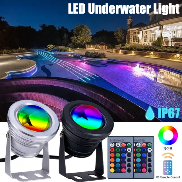 10W 12V RGB LED Underwater Spot Light IP67 Dimmable Remote Garden Pond Pool Lamp