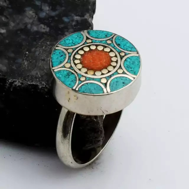 Tibétain Corail Turquoise Pierre Précieuse Main Cadeau Bague Bijoux USA Size-8.5