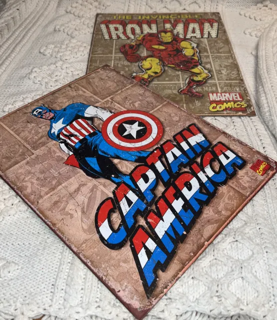 Bundle Of 2 Marvel Comics Vintage Retro Metal Panels Captain America Iron Man