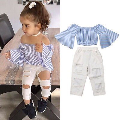 Kids Toddler Baby Girls Ruffle Sleeve Tops + Denim Pants Ripped Jeans Outfit Set