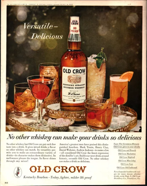 1963 Old Crow Bourbon Whiskey Mint Julep Drink Serving Tray Vintage Print Ad B7