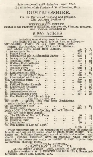 1911 Sale of The Westerhall Estate Dumfries With Solwaybank Farm Chapelhill Farm