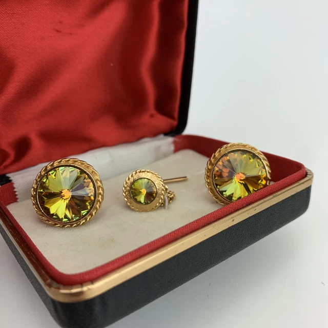 VTG 70s Watermelon Green Glass Gold Tone Cuff Link Tie Pin Set Boxed Disco Bling 3