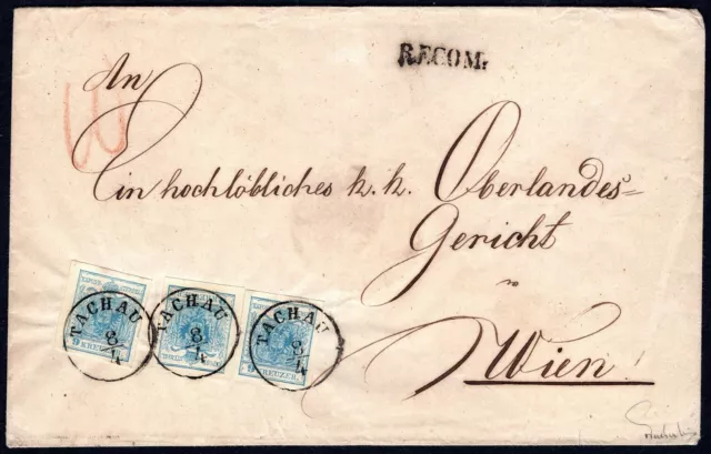 Österreich 1850 5 M III b 33 Kreuzer REKO-Brief Kuvert TACHAU n. WIEN ATTEST R !