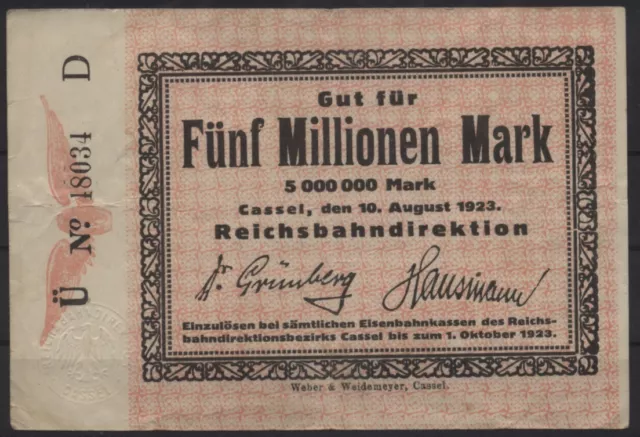 [26390] - Notgeld CASSEL / KASSEL, Reichsbahndirektion RBD, 5 Millionen Mark, 10