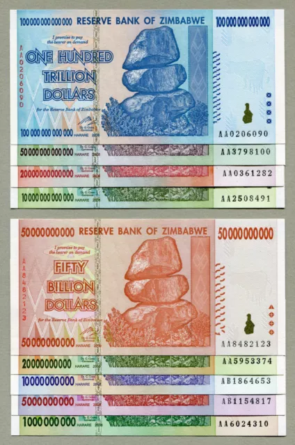 Zimbabwe 1 Billion to 100 Trillion Dollars banknotes 2008 full set UNC currency