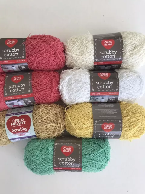 7 Skeins Red Heart Scrubby Cotton Yarn Coral White Jade Lemon