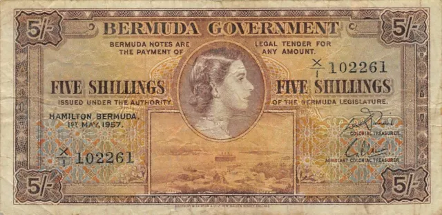 Bermuda  5/-  1.5.1957  P 18b  Series  X/1  Que. II  Circulated Banknote G10