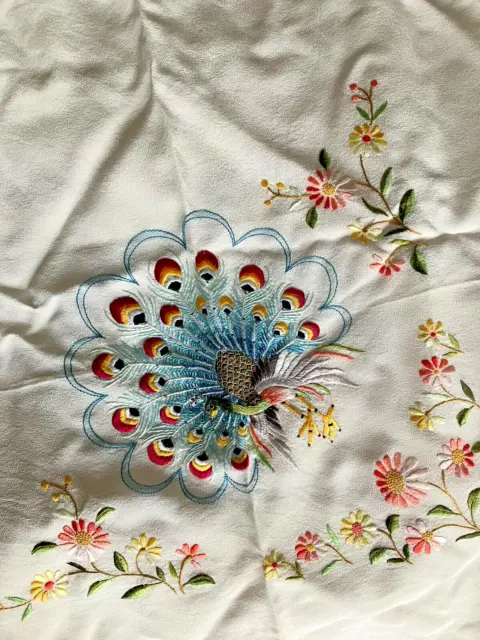 Vintage SILK tablecloth PEACOCK HAND EMBROIDERED beautiful item