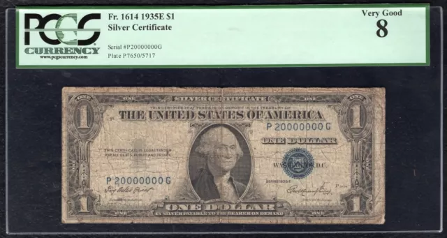 Fr. 1614 1935-E $1 Silver Certificate “20 Million Serial # P20000000G” Pcgs Vg-8