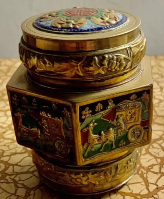Antique Chinese Brass Cloisonné Repousse Enamel Tea Caddy / Jar opium