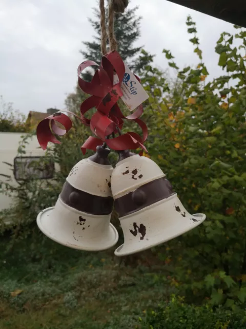 Doppel Glocke mit Klöppel Deko Nostalgie Weihnachten Shabby Look Neu weiß