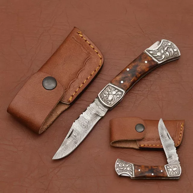 Handmade Damascus Folding Lock Back Pocket Folding Knife Double Flower Bolster