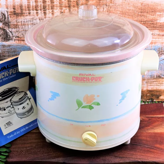 Vintage RIVAL 3½ Qt Crock Pot Slow Cooker Stoneware 3150 BLUE/BEIGE plastic  lid