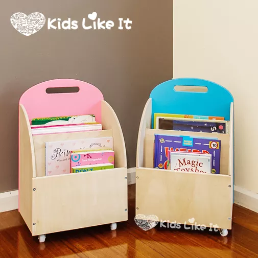 PINK or BLUE KIDS Childrens Wooden Book DISPLAY SHELF TOY Storage UNIT w/ WHEELS