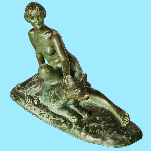 Art déco sculpture statue Femme nue chien berger allemand L Riché décoration
