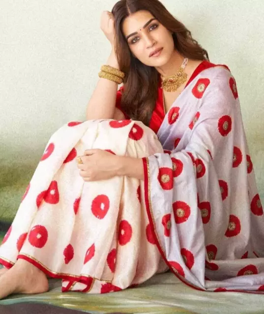 Georgette silk digital floral print indian bollywood party wear white red sari