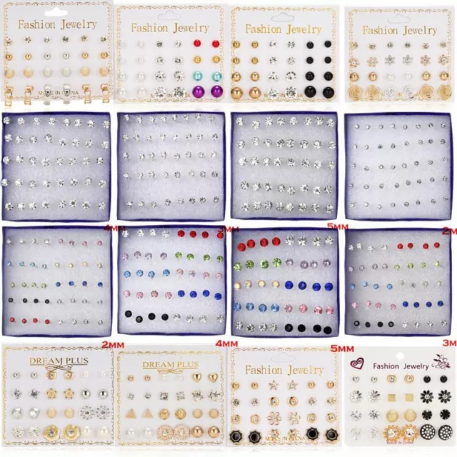 Wholesale 12 Pairs Rhinestone Crystal Pearl Earrings Set Women Ear Stud Jewelry