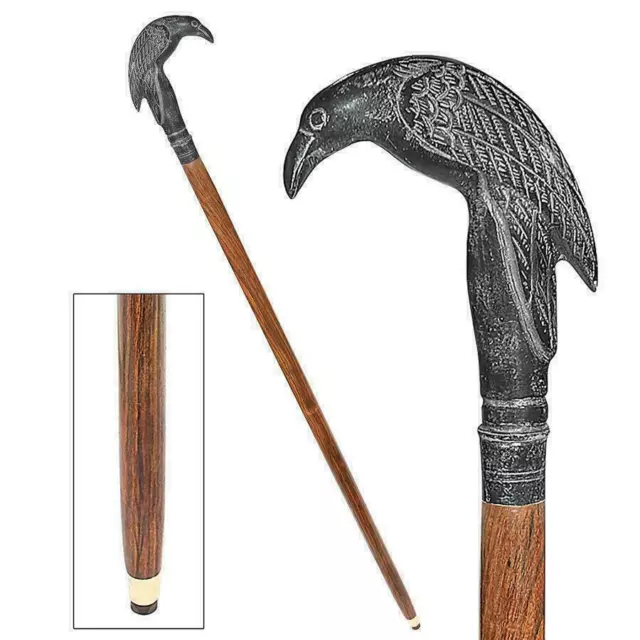 Antique Brass Crow Head Handle Vintage Wooden Walking Stick Solid Cane Gift