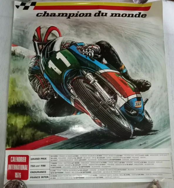 Poster Affiche MOTO CHAMPION DU MONDE DUNLOP calendrier 1976 Dessin par BOIVENT