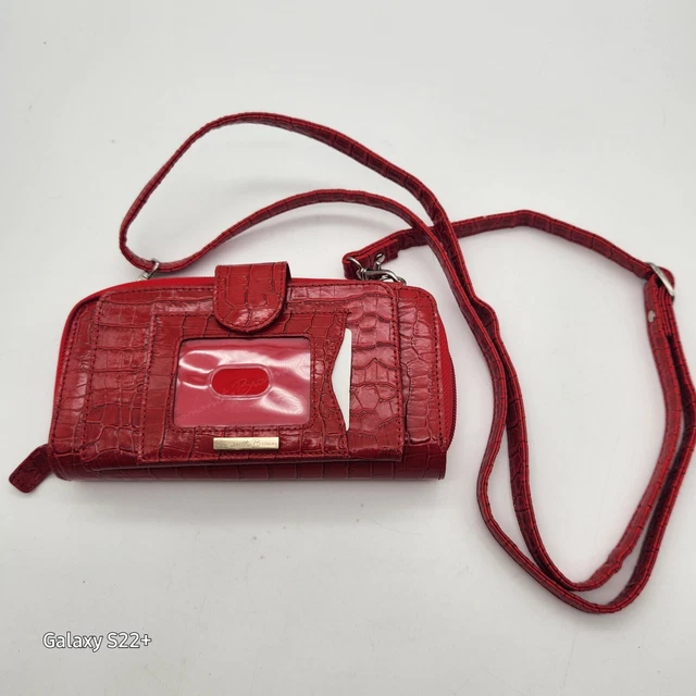 Samantha Brown Red Embossed Croc Leather Crossbody Clutch Organizer Wallet
