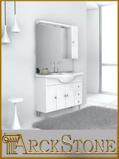 Mobile da Bagno Gemma 105cm Bianco Lavabo Ceramica Specchio Pensile Led Classico