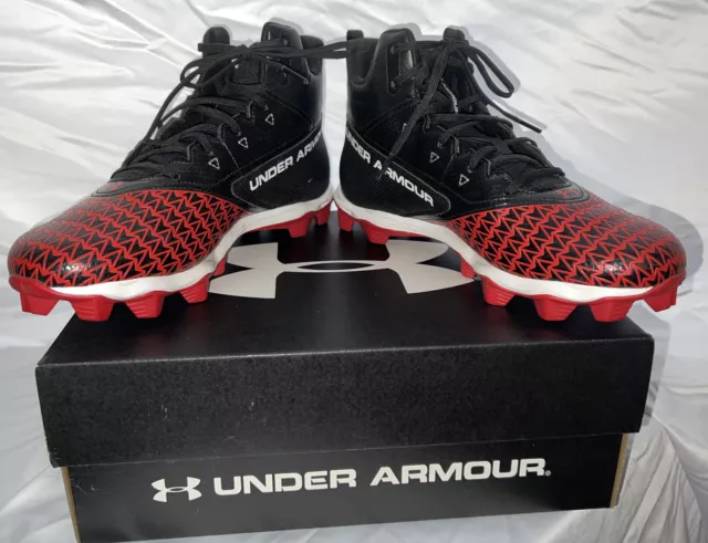 Under Armour Mens Hammer Mid RM Football Cleats Shoes Black Red Lacrosse