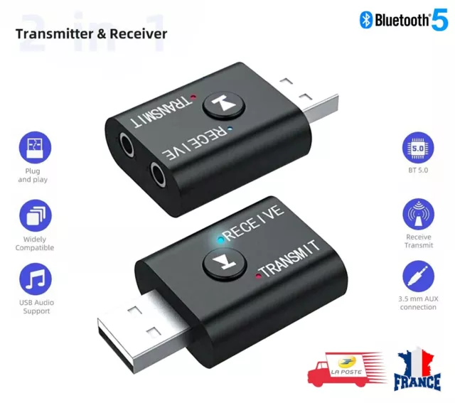 Émetteur et récepteur Bluetooth 5.0 Adaptateur audio sans fil 2 en 1 Aux 3,5 mm