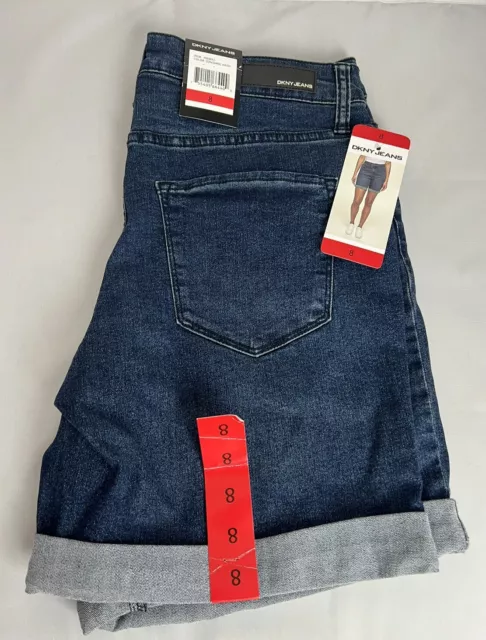 NWT DKNY Jeans Womens Size 8 Bermuda Denim Comfort Stretch Cuffed Dark Shorts