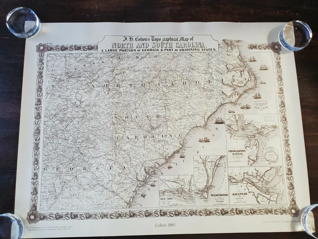 Vtg 1966 ~ Colton 1861 South North Carolina Topographical W.P. Cumming Map Print