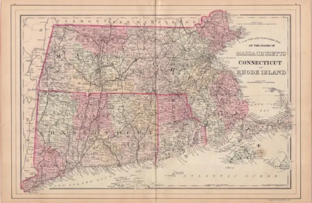 1885 Rare Antique Mitchell Atlas Map Of Massachusetts, Connecticut, Rhode Island