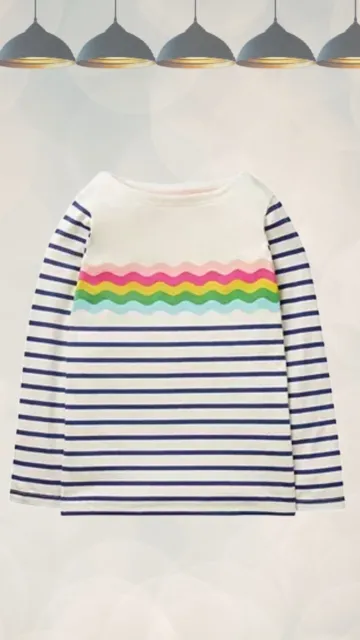 Ex Mini Boden Girl's Everyday Rainbow Breton Wave T-shirt in Navy/Ivory