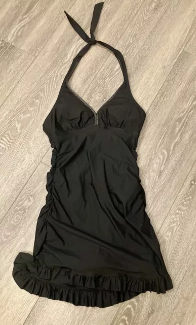 Love Your Assets Sara Blakely Spanx Halter Swim Dress Size L Black Ruffle Skirt