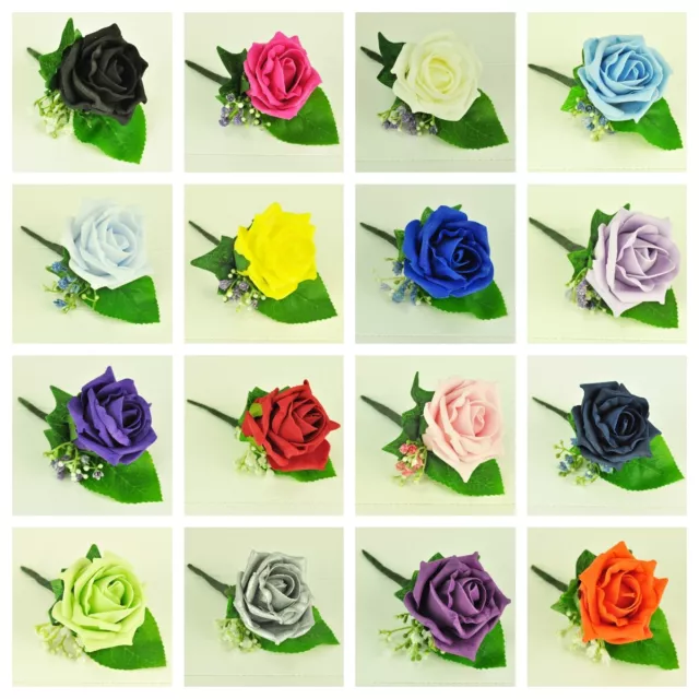 Artificial Wedding Flowers Single Foam Rose Buttonhole 31 Colour Choices