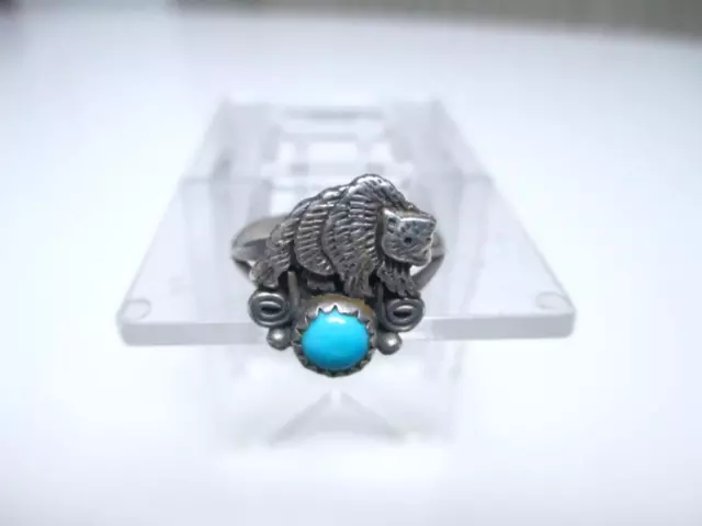 Vintage Navajo ? Signed "Sn" Sterling Turquoise Bear Ring     Size 7