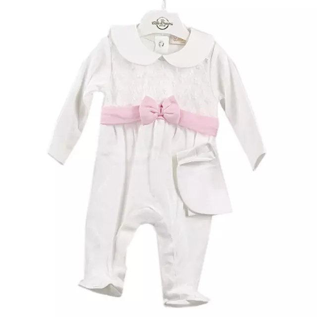 Baby Girls Sleepsuit & Hat Gift Set  'Ivory Lace & Bow'  Little Dreams 0-9 Month