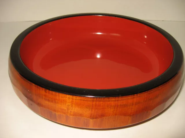 Vintage Wood Bowl Fruit Nuts Serving Red Lacquered Interior 8 3/4"x 2  1/4"