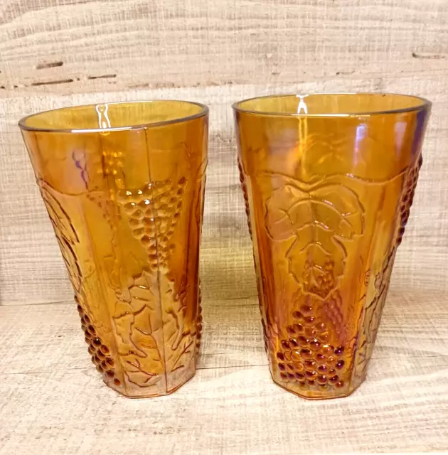 INDIANA 2pc Amber Carnival Glass Tumbler Harvest Grape Iridescent