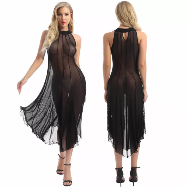 Damen Sexy durchsichtig Asymmetrischer Partykleid Poledance Club Strand Kleider