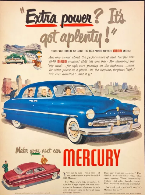1949 Mercury Auto 8-Cylinder V-Type Engine Blue Vintage Print Ad