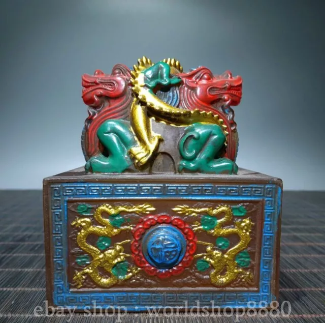 4" Old Chinese Coloured Glaze Painting Gilt Double Dragon Beast Seal Signet