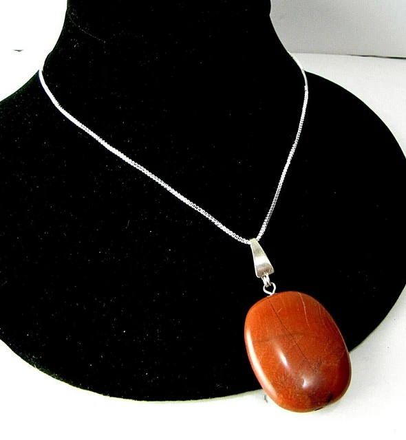 Polished Natural Red Jasper Pendant +20" Box Chain Necklace 925 Sterling Silver