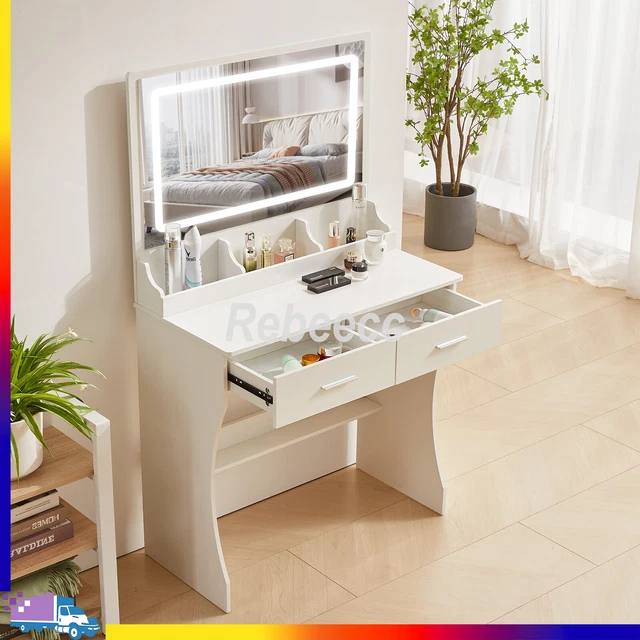 New Solid Wood Dressing Table w/ 2 Drawers & LED Mirror Set Makeup Vanity Table